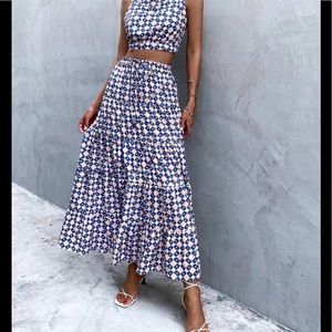 SHEIN geo print tie back cami top and ruffle hem skirt